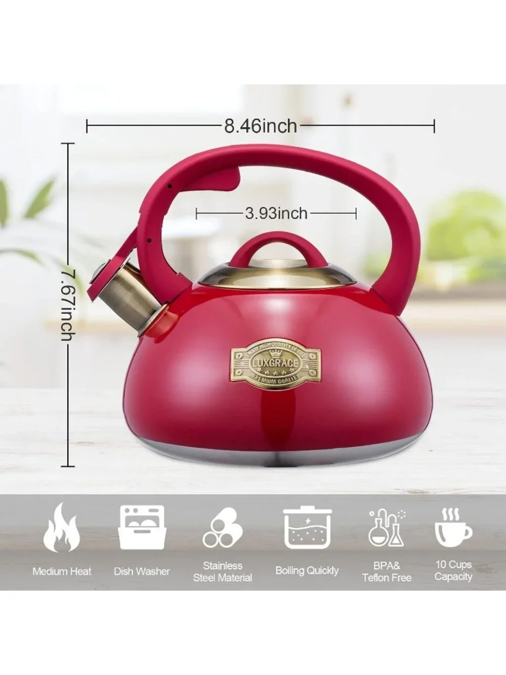 Red Kitchen Whistling Tea Kettle 2.2 Quart Stainless Steel Stovetop Induction